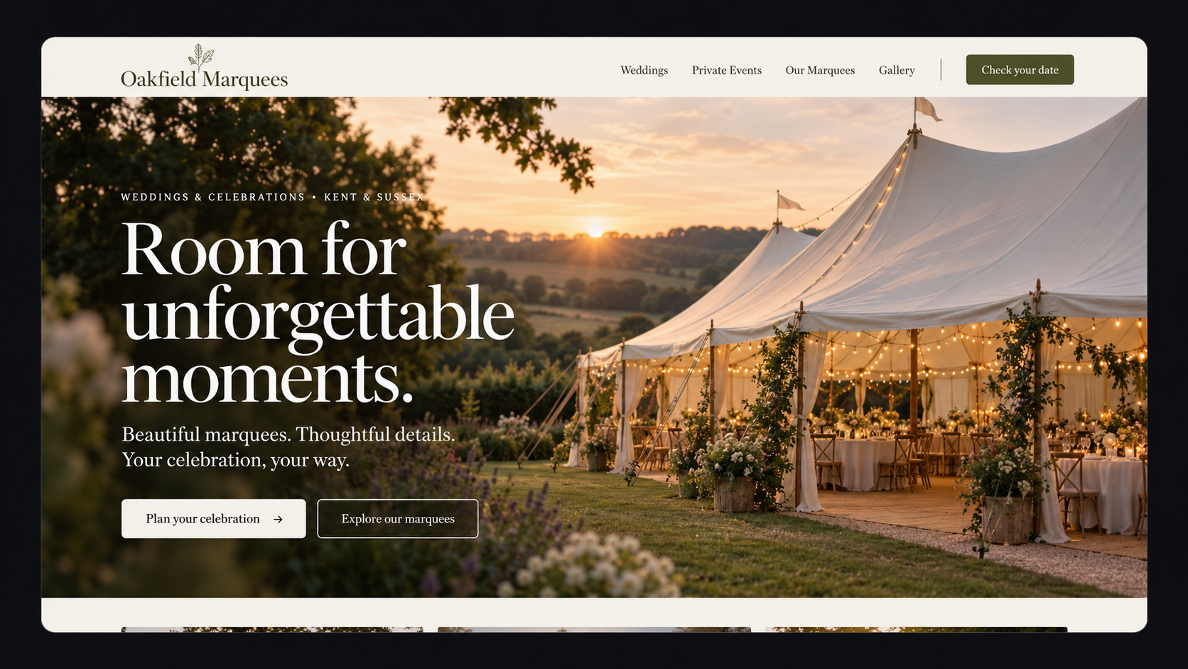 Oakfield Marquees website homepage